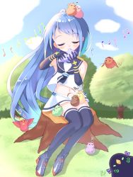 Rule 34 | 1girl, ahoge, animal, animal on head, animalization, bad id, bad twitter id, bird, bird on head, blue hair, blue thighhighs, bow, closed eyes, cloud, cloudy sky, commentary request, eighth note, elbow gloves, facing viewer, flying, forest, gloves, hair bow, hair ornament, harusame (kancolle), heart, highres, holding, holding instrument, instrument, kantai collection, kawakaze (kancolle), long hair, looking at viewer, masutaa, murasame (kancolle), musical note, nature, navel, on head, sailor collar, school uniform, serafuku, shigure (kancolle), shiratsuyu (kancolle), shirt, sidelocks, sitting, skirt, sky, sleeveless, sleeveless shirt, suzukaze (kancolle), swept bangs, thighhighs, tree stump, umikaze (kancolle), very long hair, white serafuku, white shirt, white skirt, yamakaze (kancolle), yuudachi (kancolle), zettai ryouiki