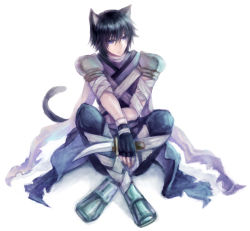 Rule 34 | 1boy, animal ears, armor, armored boots, assassin (ragnarok online), bandages, black gloves, black hair, boots, cape, cat ears, cat tail, closed mouth, commentary request, dagger, fingerless gloves, full body, gloves, hair between eyes, holding, holding dagger, holding knife, holding weapon, knife, looking to the side, male focus, misuguu, pants, pauldrons, purple cape, purple pants, purple shirt, ragnarok online, shirt, short hair, shoulder armor, simple background, sitting, sleeveless, sleeveless shirt, solo, tail, torn cape, torn clothes, waist cape, weapon, white background