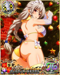 Rule 34 | 1girl, ass, blue bow, bow, braid, breasts, card (medium), chess piece, christmas, christmas ornaments, christmas tree, female focus, grayfia lucifuge, grey hair, high school dxd, large breasts, long hair, maid headdress, official art, queen (chess), red eyes, solo, tagme, twin braids, underboob