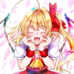Rule 34 | 1girl, ascot, blonde hair, blurry, blurry background, closed eyes, commentary request, facing viewer, flandre scarlet, hands up, open mouth, puffy short sleeves, puffy sleeves, sakuramiya nya, shirt, short sleeves, side ponytail, solo, teeth, touhou, upper body, upper teeth only, white shirt, yellow ascot