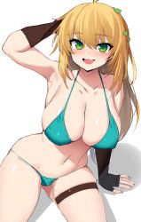 Rule 34 | 1girl, :d, absurdres, ahoge, arm support, arm up, armpits, bikini, black gloves, blonde hair, breasts, cleavage, cowboy shot, fingerless gloves, future knight, gloves, green bikini, green eyes, guardian tales, hair between eyes, halterneck, highres, large breasts, long hair, looking at viewer, navel, ndgd, open mouth, sidelocks, simple background, sitting, smile, solo, string bikini, swimsuit, thigh strap, white background