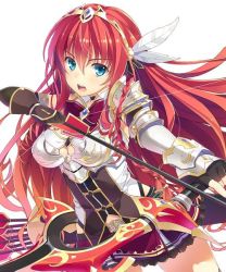 Rule 34 | 10s, 1girl, ange vierge, aqua eyes, armor, arrow (projectile), bow, bow (weapon), drawing bow, hair ornament, holding bow (weapon), jewelry, jpeg artifacts, long hair, looking at viewer, md5 mismatch, open mouth, red hair, ribbon, skirt, solo, weapon, white background, yuuki hagure