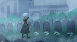 Rule 34 | 1boy, absurdres, arch, artist name, black footwear, black hoodie, black wristband, boots, building, bush, clenched hand, commentary, dark-skinned male, dark skin, english commentary, flower, from behind, grass, graveyard, grey hair, highres, holding, holding flower, hood, hoodie, kingdom hearts, kingdom hearts dark road, male focus, outdoors, path, rain, road, sigvrit, solo, spoilers, tombstone, wet, white flower, xehanort