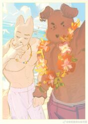 Rule 34 | 2boys, bara, beach, couple, cowboy shot, day, dog boy, don&#039;t pick up dogs without reason, highres, holding hands, large pectorals, looking at viewer, male focus, multiple boys, muscular, muscular male, navel, ocean, outdoors, pectorals, sand, selfie, sideways glance, sky, smoking, standing, stomach, thick eyebrows, topless male, yaoi, yodenn 4