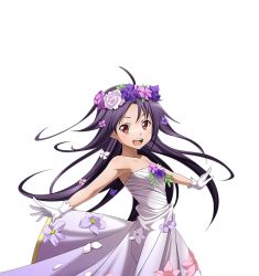 Rule 34 | 1girl, :d, ahoge, armpits, collarbone, dress, flat chest, floating hair, flower, gloves, hair flower, hair ornament, head wreath, long hair, looking at viewer, open mouth, pink flower, purple flower, purple hair, red eyes, sleeveless, sleeveless dress, smile, solo, standing, strapless, strapless dress, sword art online, transparent background, very long hair, wedding dress, white dress, white flower, white gloves, yuuki (sao)