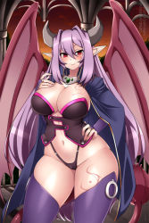 Rule 34 | 1girl, alma elma, bat wings, breast tattoo, breasts, bridal gauntlets, cape, cleavage, commission, curvy, demon girl, demon horns, demon tail, demon wings, horns, large breasts, lindaroze, long hair, looking at viewer, mon-musu quest!, monster girl, naughty face, pointy ears, purple hair, red eyes, revealing clothes, shiny skin, smile, solo, standing, tail, tattoo, thighhighs, thong, very long hair, wide hips, wings