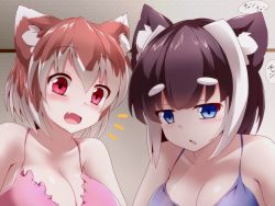 Rule 34 | 2girls, ^^^, animal ear fluff, animal ears, black hair, blue eyes, blush, breasts, cleavage, commentary request, dog ears, dog girl, fang, hair between eyes, jitome, kiyomi-chan (sivamaron), large breasts, looking at viewer, multicolored hair, multiple girls, open mouth, orange hair, original, red eyes, sivamaron, spaghetti strap, streaked hair, thick eyebrows, two-tone hair, upper body, white hair
