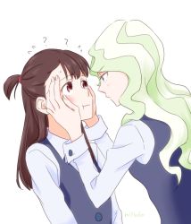 Rule 34 | 2girls, ?, blonde hair, blue eyes, blush, brown hair, couple, diana cavendish, eye contact, hand on another&#039;s cheek, hand on another&#039;s face, kagari atsuko, little witch academia, long hair, looking at another, mitsuko (4afe6300), multicolored hair, multiple girls, open mouth, red eyes, school uniform, simple background, two-tone hair, uniform, wavy hair, white background, yuri
