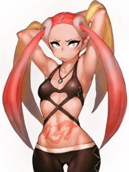 Rule 34 | 1girl, armpits, breasts, cameltoe, cowboy shot, creatures (company), fumio (rsqkr), game freak, groin, jewelry, long hair, looking at viewer, midriff, navel, necklace, nintendo, plumeria (pokemon), pokemon, pokemon sm, pout, pubic tattoo, red hair, simple background, small breasts, solo, stomach tattoo, tattoo, thigh gap, twintails, very long hair, white background