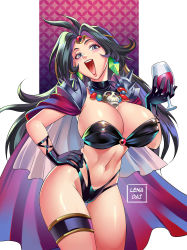 1girl, :o, alcohol, artist name, bikini, bikini top, black eyes, black hair, blush, breasts, cameltoe, cape, circlet, cleavage, cowboy shot, cup, detached collar, drinking glass, earrings, erect nipples, female focus, gloves, groin, hair intakes, hand on hip, head tilt, highleg, highleg bikini, highres, holding, holding cup, huge breasts, jewelry, legs, lenadai, light blush, long hair, looking at viewer, naga the serpent, navel, nose blush, open mouth, pauldrons, shoulder armor, shoulder spikes, simple background, skull, skull necklace, slayers, solo, spikes, standing, strapless, strapless bikini, swimsuit, thigh gap, thigh strap, thighs, thong, wine