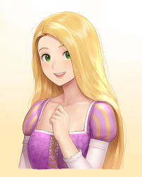 Rule 34 | 1girl, :d, blonde hair, collarbone, cropped torso, cross-laced clothes, dress, gradient background, green eyes, hand up, highres, juliet sleeves, long hair, long sleeves, looking at viewer, nhaliz, open mouth, orange background, puffy sleeves, purple dress, rapunzel, rapunzel (disney), smile, solo, straight hair, tangled, teeth, upper body, upper teeth only