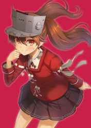 Rule 34 | 1girl, arm ribbon, brown eyes, brown hair, commentary request, cowboy shot, highres, japanese clothes, kantai collection, kariginu, long hair, long sleeves, looking at viewer, magatama, nueco, pleated skirt, red background, ribbon, ryuujou (kancolle), ryuujou kai ni (kancolle), see-through, skirt, smile, solo, twintails, visor cap