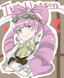 Rule 34 | 1girl, ace attorney, aqua eyes, blush, bow, character name, crossed arms, drill hair, fine (fine-diary), gloves, goggles, goggles on head, heart, heart hair, iris wilson, long hair, pink hair, sketch, smile, solo, the great ace attorney, the great ace attorney: adventures, twin drills