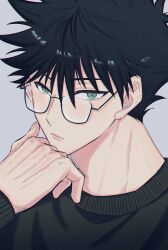 Rule 34 | 1boy, black hair, black sweater, closed mouth, fushiguro megumi, fushirun rung, glasses, green eyes, hand on own chin, highres, jujutsu kaisen, korean commentary, long sleeves, looking to the side, male focus, short hair, simple background, solo, spiked hair, sweater, thinking