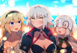 Rule 34 | ahoge, bell, bell earrings, bikini, bikini top only, black bikini, black choker, blue one-piece swimsuit, blush, bow, braid, braided ponytail, breasts, capelet, choker, cleavage, closed eyes, cloud, cloudy sky, commentary, day, earrings, embarrassed, fate/grand order, fate (series), fur-trimmed capelet, fur trim, green ribbon, headpiece, hood, hooded jacket, jacket, jeanne d&#039;arc (fate), jeanne d&#039;arc (ruler) (fate), jeanne d&#039;arc (swimsuit archer) (fate), jeanne d&#039;arc (swimsuit archer) (first ascension) (fate), jeanne d&#039;arc alter (fate), jeanne d&#039;arc alter (swimsuit berserker) (fate), jeanne d&#039;arc alter santa lily (fate), jeanne d&#039;arc alter santa lily (summer little) (fate), jewelry, large breasts, long hair, meiji ken, multiple girls, o-ring, o-ring bikini, o-ring top, ocean, one-piece swimsuit, open mouth, outdoors, ponytail, ribbon, shrug (clothing), single braid, sky, striped bow, striped ribbon, swimsuit, upper body, very long hair, white capelet, white hair, yellow eyes