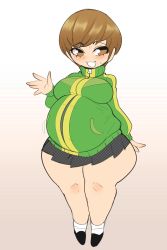 Rule 34 | 1girl, absurdres, breasts, chibi, hellbrain, highres, large breasts, persona, persona 4, plump, pregnant, satonaka chie, solo