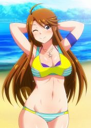 Rule 34 | 1girl, ;), ahoge, armband, arms behind head, arms up, bad id, bad pixiv id, beach, bikini, blush, breasts, brown hair, day, grey eyes, highres, idolmaster, idolmaster million live!, jewelry, long hair, looking at viewer, medium breasts, navel, necklace, ocean, one eye closed, outdoors, smile, solo, standing, striped bikini, striped clothes, swimsuit, tanuki (metaltanuki), tokoro megumi