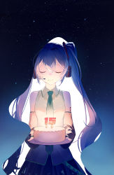 Rule 34 | 1girl, aqua necktie, bare shoulders, belt, birthday cake, black skirt, black sleeves, blue hair, blue sky, breasts, cake, candle, candlelight, closed eyes, closed mouth, collared shirt, darkness, detached sleeves, dot nose, double exposure, eyelashes, facing viewer, food, gradient sky, hair between eyes, happy, hatsune miku, headset, highres, holding, holding plate, kotoba (610430468), light, long hair, loose belt, necktie, night, night sky, plate, pleated skirt, shirt, shoulder tattoo, sidelocks, simple background, skirt, sky, sleeveless, sleeveless shirt, small breasts, smile, solo, star (sky), starry sky, tattoo, twintails, under covers, very long hair, vocaloid, whipped cream, white background, white shirt, wide sleeves