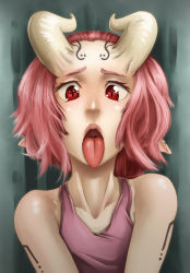 Rule 34 | 1girl, anael (bankage), bad id, bad tumblr id, bankage, collarbone, demon girl, demon horns, eyebrows, eyelashes, facial mark, horns, lips, nose, open mouth, oral invitation, original, pink eyes, pink hair, pointy ears, red eyes, short hair, slit pupils, solo, tank top, tattoo, tongue, tongue out, upper body, uvula