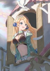Rule 34 | 1girl, :d, arm support, asymmetrical bangs, atelier (series), atelier marie, atyao-299, bird, black bra, blonde hair, blue eyes, blue sky, bra, breasts, cleavage, coat, commentary request, crop top, day, dove, feathers, from outside, green coat, highres, large breasts, long hair, long sleeves, looking outside, looking to the side, marie (atelier), medium breasts, midriff, navel, open clothes, open coat, open mouth, open window, outdoors, sky, smile, solo, standing, tile roof, underwear, very long hair, window, windowsill