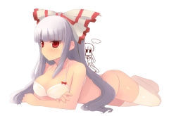 Rule 34 | ..., 1girl, ass, bare shoulders, blunt bangs, bow, bra, breasts, chibi, chibi inset, cleavage, crossed arms, female focus, fujiwara no mokou, hair bow, houraisan kaguya, large breasts, lingerie, long hair, lying, on stomach, panties, red eyes, shin (new), silver hair, simple background, solo, thighhighs, touhou, underwear, underwear only, white thighhighs