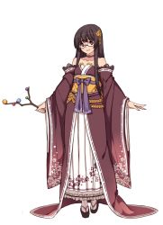 Rule 34 | 1girl, alternate costume, bare shoulders, bespectacled, black hair, branch, brown eyes, choker, detached sleeves, dress, glasses, hair ornament, houraisan kaguya, japanese clothes, jeweled branch of hourai, kimono, kugi ta hori taira, long hair, looking at viewer, obi, sandals, sash, simple background, smile, solo, tabi, touhou, white background
