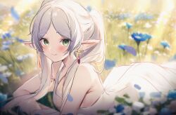 Rule 34 | 1girl, alternate costume, armpit crease, blurry, blurry background, blush, depth of field, dress, earrings, elf, field, flower, flower field, frieren, green eyes, grey hair, highres, jewelry, long hair, looking at viewer, lying, maru ccy, on stomach, parted bangs, pointy ears, sleeveless, sleeveless dress, smile, solo, sousou no frieren, twintails, very long hair, white dress