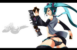 Rule 34 | 1girl, ass, black panties, blush, butt crack, card, duel disk, elbow gloves, gloves, green eyes, green hair, hair ornament, hatsune miku, headphones, holding, holding card, imazon, letterboxed, long hair, lowleg, lowleg panties, matching hair/eyes, microphone, miniskirt, necktie, niconico rpg, open clothes, open shirt, panties, pantyshot, parody, pile of cards, shirt, skirt, solo, thighhighs, twintails, underwear, upskirt, vocaloid, yu-gi-oh!, yu-gi-oh! duel monsters, yu-gi-oh (card), zettai ryouiki