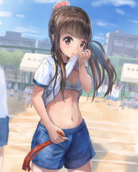 Rule 34 | bra, breasts, brown eyes, brown hair, cityscape, clothes lift, gym uniform, highres, kyon (kyouhei-takebayashi), multiple boys, multiple girls, navel, original, ponytail, shirt lift, short shorts, shorts, small breasts, solo focus, stomach, sweat, sweatdrop, underwear