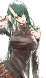 Rule 34 | 1girl, alternate costume, arknights, bare shoulders, belt, black nails, black shirt, clouble, commentary request, detached sleeves, green hair, hand on own cheek, hand on own face, highres, horns, hoshiguma (arknights), hoshiguma (ronin huntress) (arknights), jewelry, long hair, nail polish, necklace, official alternate costume, parted lips, shirt, single horn, sitting, skin-covered horns, sleeveless, sleeveless shirt, yellow eyes