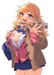 Rule 34 | 1girl, areola slip, bag, blonde hair, blue bow, blue eyes, blue skirt, blush, bow, breasts, brown jacket, cardigan, checkered clothes, checkered scarf, cleavage, cleavage cutout, clothing cutout, commentary request, hazuki (nature.), highres, idolmaster, idolmaster cinderella girls, jacket, large breasts, long hair, looking at viewer, ohtsuki yui, open cardigan, open clothes, open mouth, partially unbuttoned, pink cardigan, scarf, school bag, school uniform, shirt, simple background, skirt, smile, solo, wavy hair, white shirt