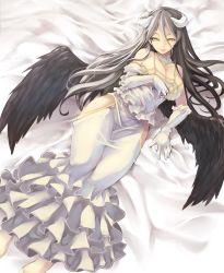 Rule 34 | 1girl, ahoge, albedo (overlord), bare shoulders, barefoot, black feathers, black hair, black wings, breasts, cleavage, demon girl, detached collar, dress, feathered wings, feathers, female focus, frilled dress, frills, gloves, hair between eyes, hair over one eye, hand on own chest, highres, hip vent, horns, large breasts, long hair, lying, on back, overlord (maruyama), parted lips, smile, solo, tousen, very long hair, white gloves, wings, yellow eyes