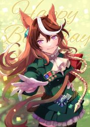Rule 34 | 1girl, absurdres, animal ears, ascot, black thighhighs, blurry, bokeh, brown hair, closed mouth, confetti, cowboy shot, depth of field, earrings, epaulettes, flat chest, floating hair, glint, gloves, green jacket, green skirt, hand on own hip, happy birthday, highres, horse ears, horse girl, horse tail, jacket, jewelry, jupo (nnmn 7737), long hair, long sleeves, looking at viewer, medal, miniskirt, multicolored hair, outstretched arm, purple eyes, reaching, reaching towards viewer, single earring, single epaulette, skirt, smile, solo, standing, streaked hair, symboli rudolf (umamusume), tail, thighhighs, umamusume, white ascot, white gloves