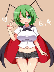 Rule 34 | 1girl, ;d, antennae, bad id, bad pixiv id, blush, breasts, cape, cutoffs, green eyes, green hair, haniwagi (hal), heart, large breasts, looking at viewer, matching hair/eyes, navel, one eye closed, open mouth, short hair, short shorts, shorts, simple background, smile, solo, thighs, touhou, w, wriggle nightbug