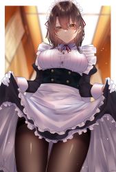 Rule 34 | 1girl, black pantyhose, blush, breasts, brown hair, clothes lift, gloves, highres, large breasts, lifted by self, long hair, maid, maid headdress, onineko-chan, original, pantyhose, skirt, skirt lift, solo, thighband pantyhose, white gloves, yellow eyes