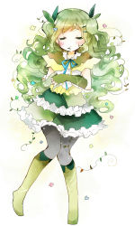 Rule 34 | 1girl, bad id, bad pixiv id, black pantyhose, boots, closed eyes, curly hair, dress, elbow gloves, fingerless gloves, flower, gloves, green footwear, green gloves, green hair, highres, knee boots, layered dress, leaf, leaf on head, long hair, mouth hold, original, pantyhose, plant, ribbon, solo, tsukiyo (skymint), two side up, vines