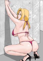 Rule 34 | 1girl, against wall, ass, bikini, blonde hair, breasts, curvy, facial mark, female focus, high heels, kiibou, large breasts, makeup, nail polish, naruto, naruto (series), parted lips, sandals, sideboob, solo, spread legs, squatting, swimsuit, thong, tsunade (naruto), twintails
