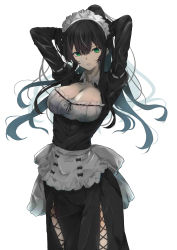 Rule 34 | 1girl, absurdres, alternate costume, apron, arms behind head, arms up, black dress, breasts, cleavage, collarbone, collared shirt, dress, dress shirt, enmaided, feet out of frame, frilled apron, frilled skirt, frills, green eyes, hair between eyes, highres, knees out of frame, long hair, maid, maid headdress, mole, mole under mouth, open mouth, original, ponytail, shirt, simple background, skirt, solo, white background, yuuri (sinjitu-no-yukue)