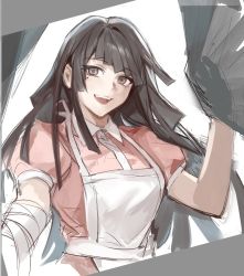 Rule 34 | 1girl, :d, apron, bandaged arm, bandages, black hair, brown eyes, danganronpa (series), danganronpa 2: goodbye despair, grey background, hand up, long hair, looking at viewer, mole, mole under eye, open mouth, pink shirt, puffy short sleeves, puffy sleeves, shirt, short sleeves, simple background, smile, tanu0706, teeth, tsumiki mikan, upper teeth only, white apron, white background