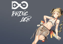 Rule 34 | 1girl, :q, absurdres, arknights, arm strap, bare arms, bare shoulders, bikini, blonde hair, breasts, chinese commentary, choker, collarbone, commentary request, feet out of frame, grey background, groin, hair bun, highres, horns, ifrit (arknights), ifrit (sunburn) (arknights), looking at viewer, nail polish, navel, official alternate costume, red choker, red eyes, red nails, rhine lab logo, sandals, sarong, see-through, short hair, simple background, single hair bun, small breasts, smile, solo, stomach, swimsuit, thighs, toenail polish, toenails, tongue, tongue out, white bikini, xo (xo17800108)