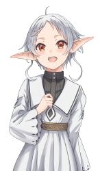 Rule 34 | 1girl, ahoge, commentary request, dress, elf, highres, looking at viewer, mushoku tensei, open mouth, partial commentary, pointy ears, red eyes, short hair, simple background, solo, syagare, sylphiette (mushoku tensei), teeth, upper teeth only, white background, white dress, white hair