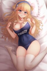 Rule 34 | 1girl, absurdres, bare arms, bare shoulders, bed sheet, black one-piece swimsuit, blonde hair, blush, breasts, closed mouth, fletcher (kancolle), grey eyes, hair ornament, highres, kantai collection, large breasts, long hair, looking at viewer, nuka (nvkka), one-piece swimsuit, school swimsuit, smile, solo, star (symbol), star hair ornament, swimsuit, thighhighs, white thighhighs