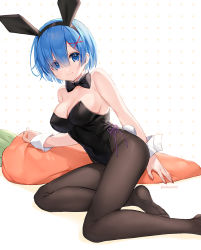 Rule 34 | 1girl, animal ears, artist name, bad id, bad pixiv id, bare arms, bare shoulders, black pantyhose, blue eyes, blue hair, breasts, carrot, cleavage, collarbone, commentary, eikaa, fake animal ears, foot out of frame, hair ornament, hair over one eye, highres, large breasts, leotard, looking at viewer, nail polish, no shoes, pantyhose, pillow, playboy bunny, rabbit ears, rabbit hair ornament, re:zero kara hajimeru isekai seikatsu, red nails, rem (re:zero), short hair, solo, wrist cuffs, x hair ornament