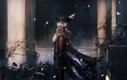Rule 34 | 1girl, ascot, black pants, blonde hair, bloodborne, brown cape, brown coat, brown hat, cape, coat, commentary request, facing to the side, flower, from side, gem, hat, hat feather, lady maria of the astral clocktower, long hair, long sleeves, looking up, low ponytail, outdoors, pants, petals, pillar, ponytail, solo, standing, syokuuuuuuuuumura, the old hunters, tricorne, weapon, white flower