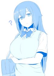 Rule 34 | 1girl, ?, arm at side, arm under breasts, arm up, bag, bare arms, blue theme, breast hold, breasts, closed mouth, collared shirt, expressionless, hair between eyes, handbag, head tilt, huge breasts, large breasts, long hair, looking at viewer, monochrome, nao (ritsancrossover), neckwear request, original, ribbon, shirt, short sleeves, simple background, solo, sweater, upper body, white background, white shirt