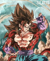 1boy abs biceps blue_eyes body_fur brown_hair dougi dragon_ball dragon_ball_gt earrings highres jewelry long_hair male_focus monkey_boy monkey_tail muscular muscular_male no_nipples pants pectorals potara_earrings red_fur saiyan sash simple_background smile solo spiked_hair super_saiyan super_saiyan_4 tail vegetto zala77s