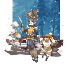 Rule 34 | 1girl, belt, black gloves, blue eyes, book, boots, brown belt, brown hair, catin, creature on head, felyne, fingerless gloves, forest, gloves, goggles, goggles on head, handler (monster hunter world), highres, holding, holding quill, log, monster hunter, monster hunter: world, monster hunter (series), mushroom, nature, open book, open mouth, pawpads, quill, sitting, snow, teeth, topknot, upper teeth only, whiskers, winter clothes