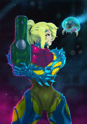 Rule 34 | 1girl, arm blade, arm cannon, armor, blonde hair, blue eyes, blurry, blurry background, claws, fusion suit, gluteal fold, highres, looking to the side, metroid, metroid (creature), metroid fusion, nintendo, ponytail, power armor, samus aran, serious, shoulder spikes, spikes, thigh gap, tovio rogers, weapon