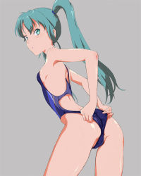 Rule 34 | 1girl, adjusting clothes, adjusting swimsuit, aqua eyes, aqua hair, armpits, ass, bad id, bad pixiv id, bare shoulders, breasts, competition swimsuit, hatsune miku, long hair, looking back, one-piece swimsuit, partially visible vulva, shiika sadamasa, sideboob, simple background, small breasts, solo, swimsuit, tsurime, twintails, vocaloid, wedgie