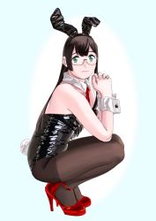 Rule 34 | 1girl, alternate costume, animal ears, bare shoulders, black hair, black leotard, black pantyhose, blue eyes, breasts, closed mouth, detached collar, fake animal ears, fake tail, glasses, green eyes, high heels, highres, kantai collection, leotard, long hair, looking at viewer, necktie, ojipon, ooyodo (kancolle), pantyhose, playboy bunny, rabbit ears, rabbit tail, red footwear, red necktie, small breasts, solo, squatting, strapless, strapless leotard, tail, very long hair, wrist cuffs